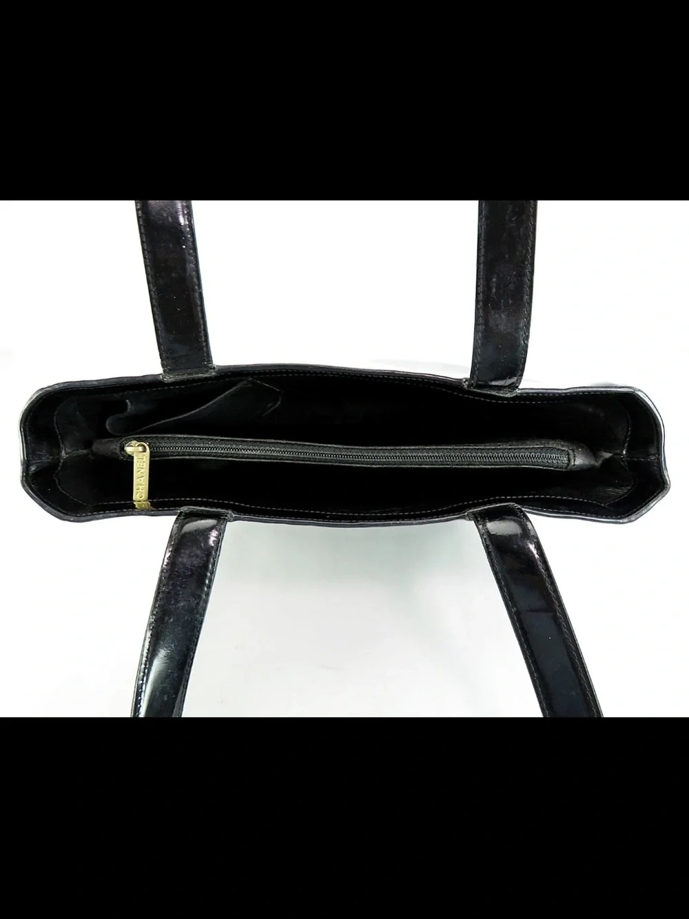 CHANEL Black Patent Tote with Embossed Logo